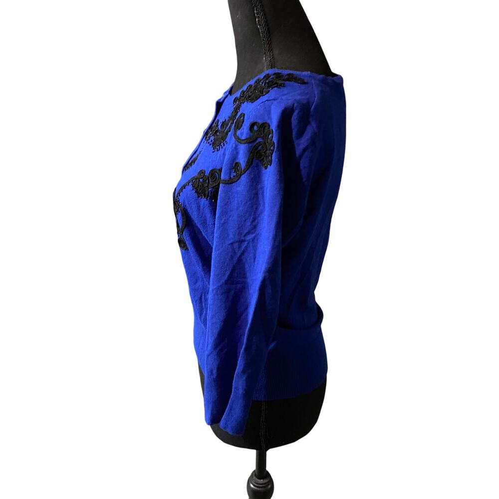 Cable & Gauge Blue Cardigan with Black Ribbon and Beaded Detail, Sz S - Picture 7 of 10